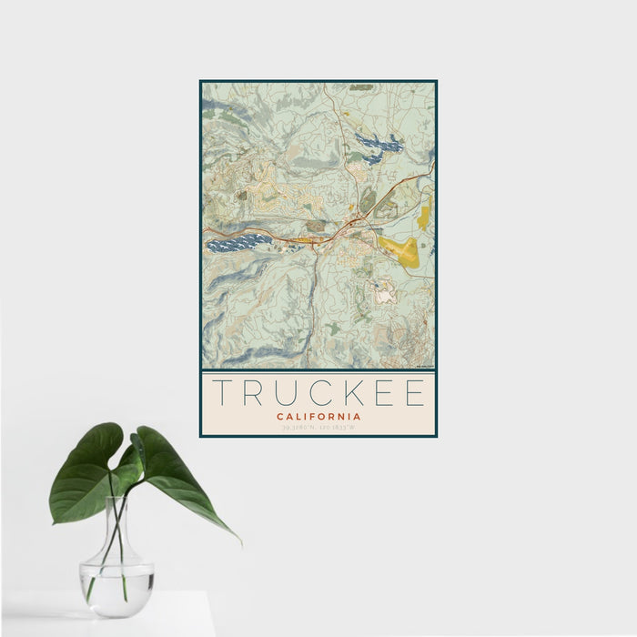 16x24 Truckee California Map Print Portrait Orientation in Woodblock Style With Tropical Plant Leaves in Water