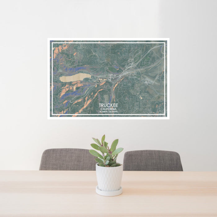24x36 Truckee California Map Print Lanscape Orientation in Afternoon Style Behind 2 Chairs Table and Potted Plant