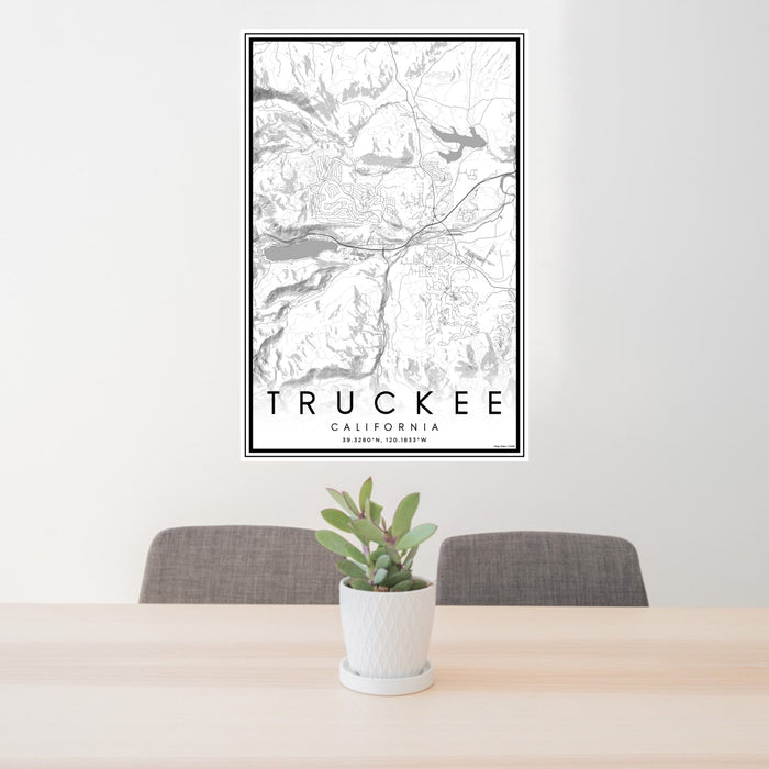 24x36 Truckee California Map Print Portrait Orientation in Classic Style Behind 2 Chairs Table and Potted Plant