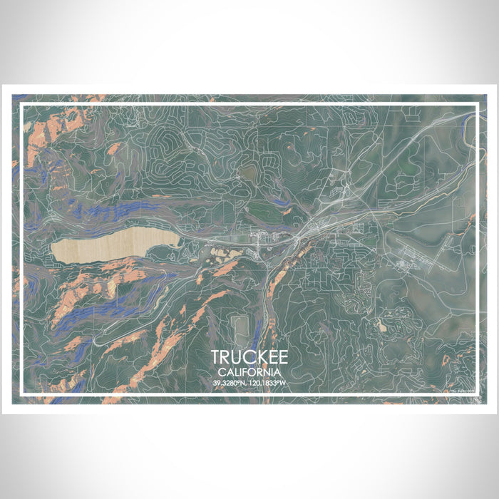 Truckee California Map Print Landscape Orientation in Afternoon Style With Shaded Background