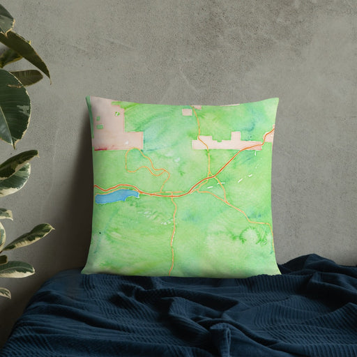 Custom Truckee California Map Throw Pillow in Watercolor on Bedding Against Wall