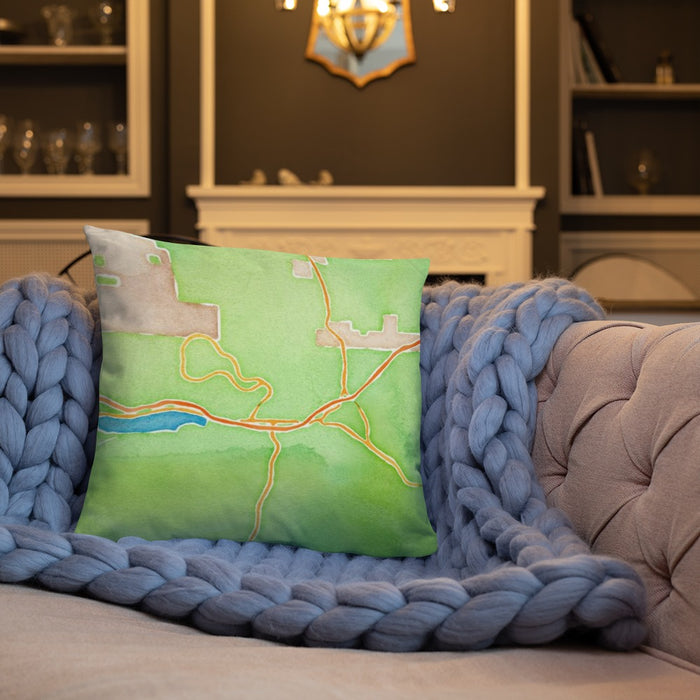 Custom Truckee California Map Throw Pillow in Watercolor on Cream Colored Couch