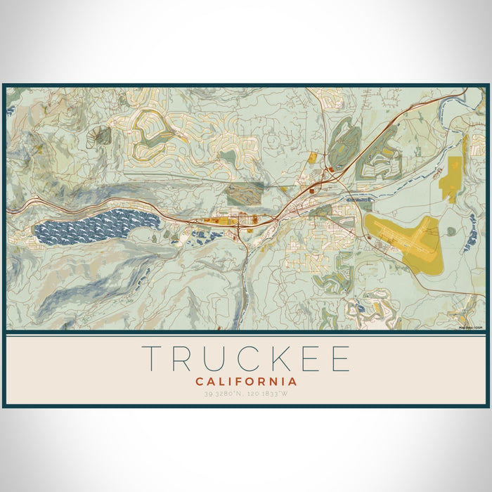 Truckee California Map Print Landscape Orientation in Woodblock Style With Shaded Background