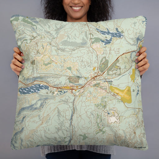 Person holding 22x22 Custom Truckee California Map Throw Pillow in Woodblock