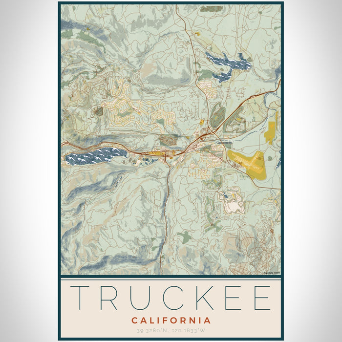 Truckee California Map Print Portrait Orientation in Woodblock Style With Shaded Background