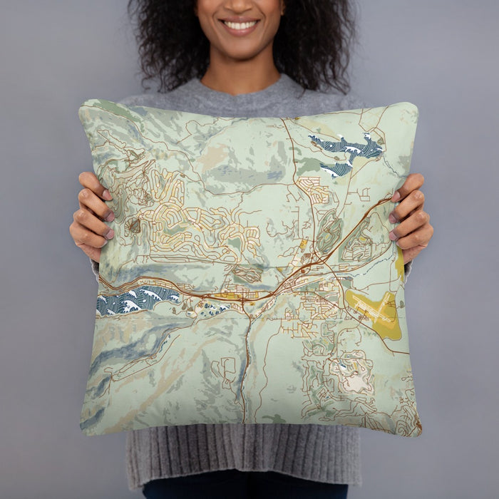 Person holding 18x18 Custom Truckee California Map Throw Pillow in Woodblock