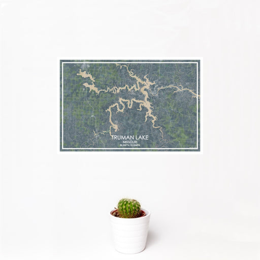 12x18 Truman Lake Missouri Map Print Landscape Orientation in Afternoon Style With Small Cactus Plant in White Planter