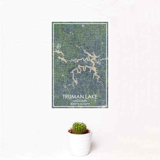 12x18 Truman Lake Missouri Map Print Portrait Orientation in Afternoon Style With Small Cactus Plant in White Planter