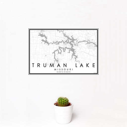 12x18 Truman Lake Missouri Map Print Landscape Orientation in Classic Style With Small Cactus Plant in White Planter