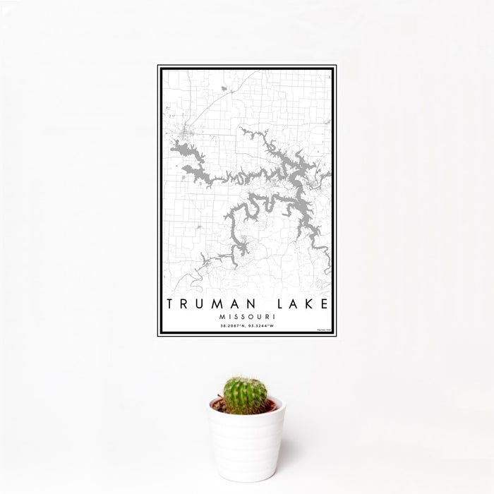 12x18 Truman Lake Missouri Map Print Portrait Orientation in Classic Style With Small Cactus Plant in White Planter