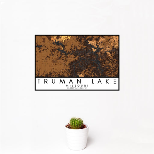 12x18 Truman Lake Missouri Map Print Landscape Orientation in Ember Style With Small Cactus Plant in White Planter