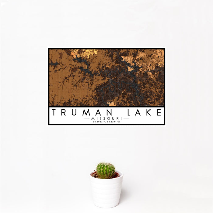 12x18 Truman Lake Missouri Map Print Landscape Orientation in Ember Style With Small Cactus Plant in White Planter