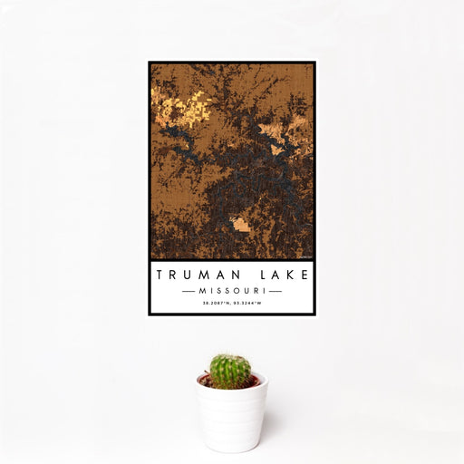 12x18 Truman Lake Missouri Map Print Portrait Orientation in Ember Style With Small Cactus Plant in White Planter