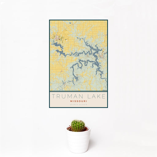 12x18 Truman Lake Missouri Map Print Portrait Orientation in Woodblock Style With Small Cactus Plant in White Planter