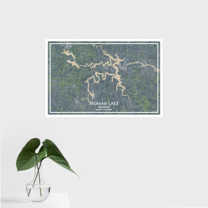 16x24 Truman Lake Missouri Map Print Landscape Orientation in Afternoon Style With Tropical Plant Leaves in Water