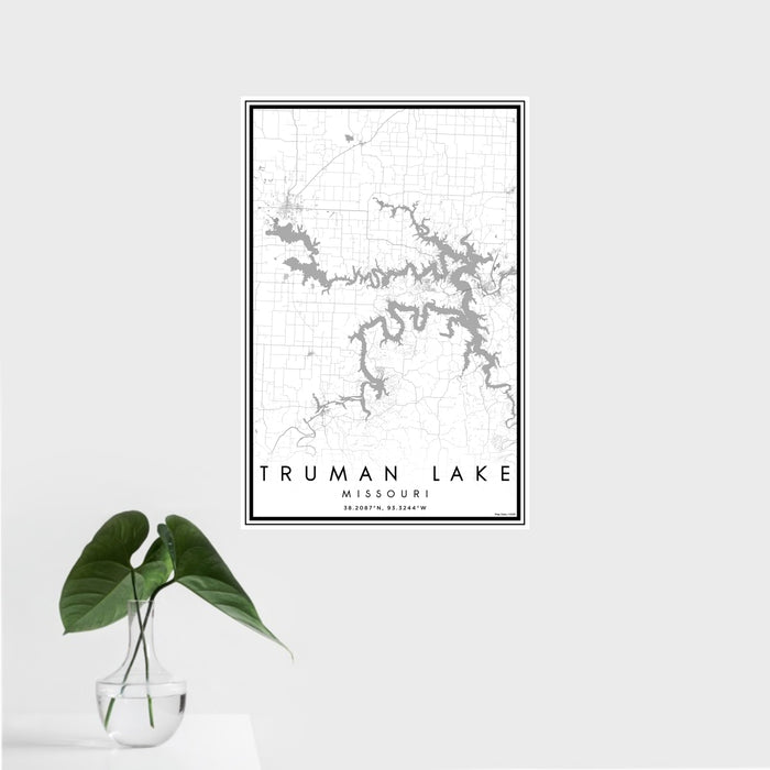 16x24 Truman Lake Missouri Map Print Portrait Orientation in Classic Style With Tropical Plant Leaves in Water