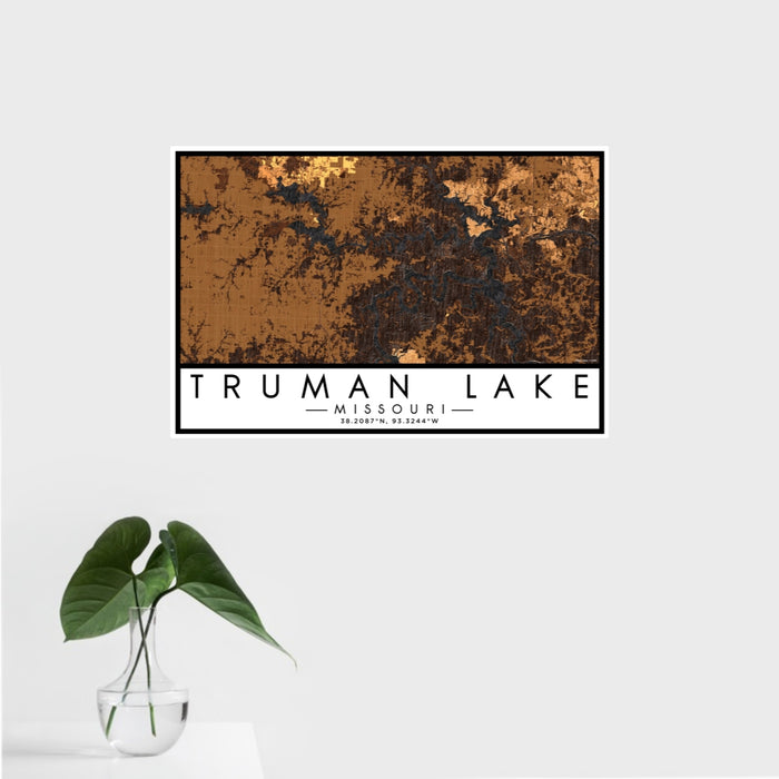 16x24 Truman Lake Missouri Map Print Landscape Orientation in Ember Style With Tropical Plant Leaves in Water