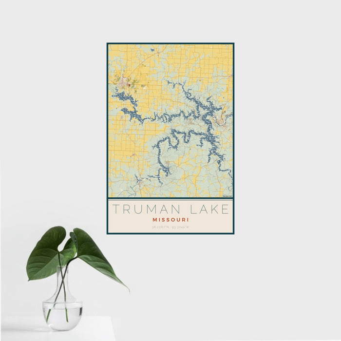 16x24 Truman Lake Missouri Map Print Portrait Orientation in Woodblock Style With Tropical Plant Leaves in Water