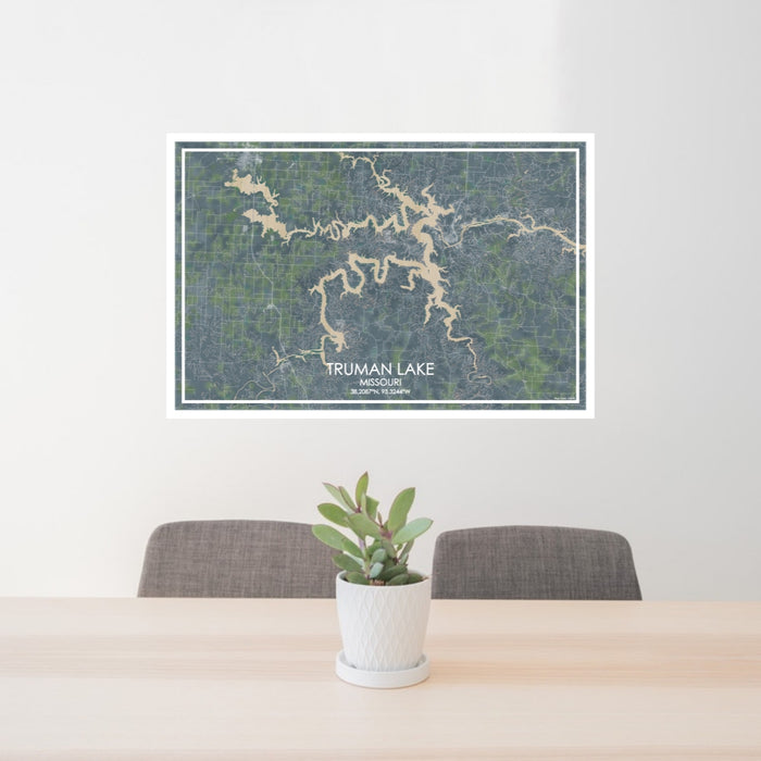 24x36 Truman Lake Missouri Map Print Lanscape Orientation in Afternoon Style Behind 2 Chairs Table and Potted Plant
