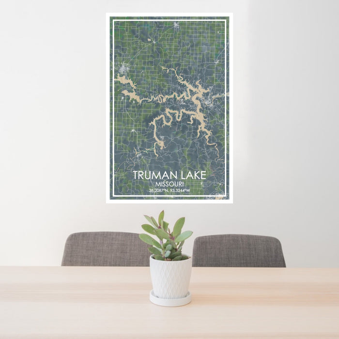 24x36 Truman Lake Missouri Map Print Portrait Orientation in Afternoon Style Behind 2 Chairs Table and Potted Plant