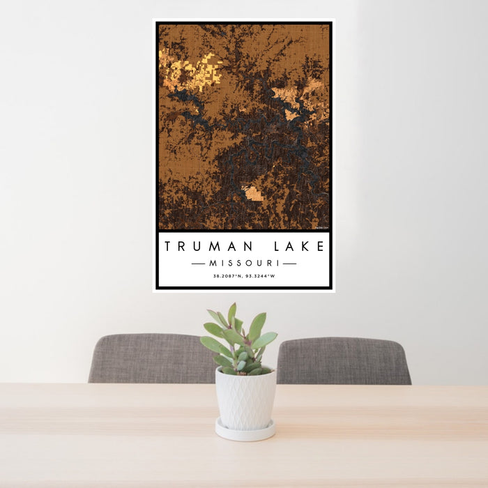 24x36 Truman Lake Missouri Map Print Portrait Orientation in Ember Style Behind 2 Chairs Table and Potted Plant