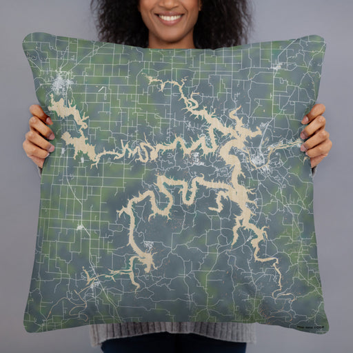 Person holding 22x22 Custom Truman Lake Missouri Map Throw Pillow in Afternoon
