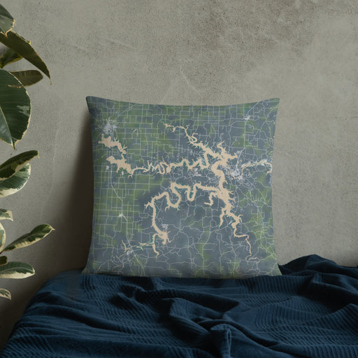 Custom Truman Lake Missouri Map Throw Pillow in Afternoon on Bedding Against Wall