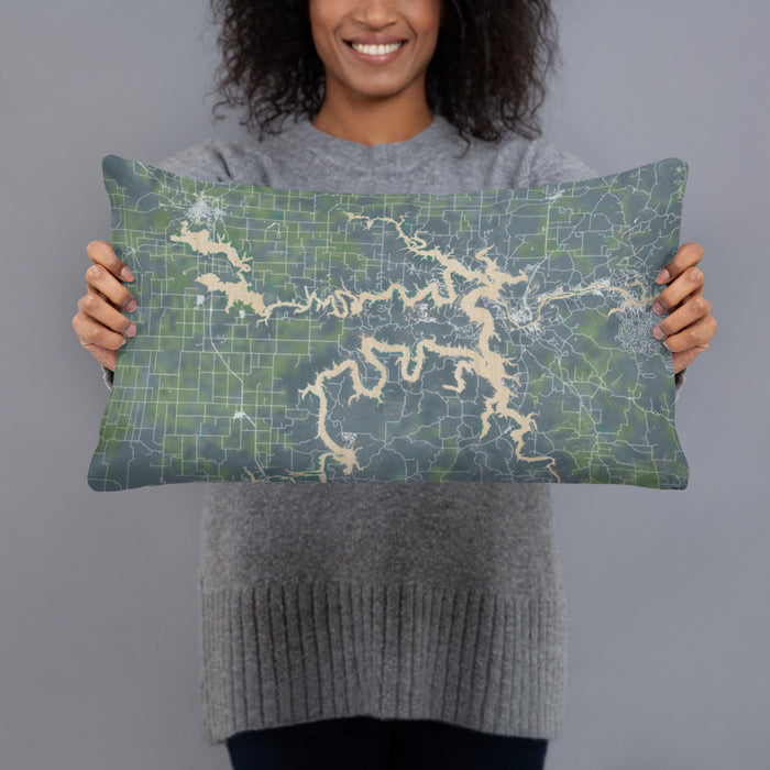 Person holding 20x12 Custom Truman Lake Missouri Map Throw Pillow in Afternoon