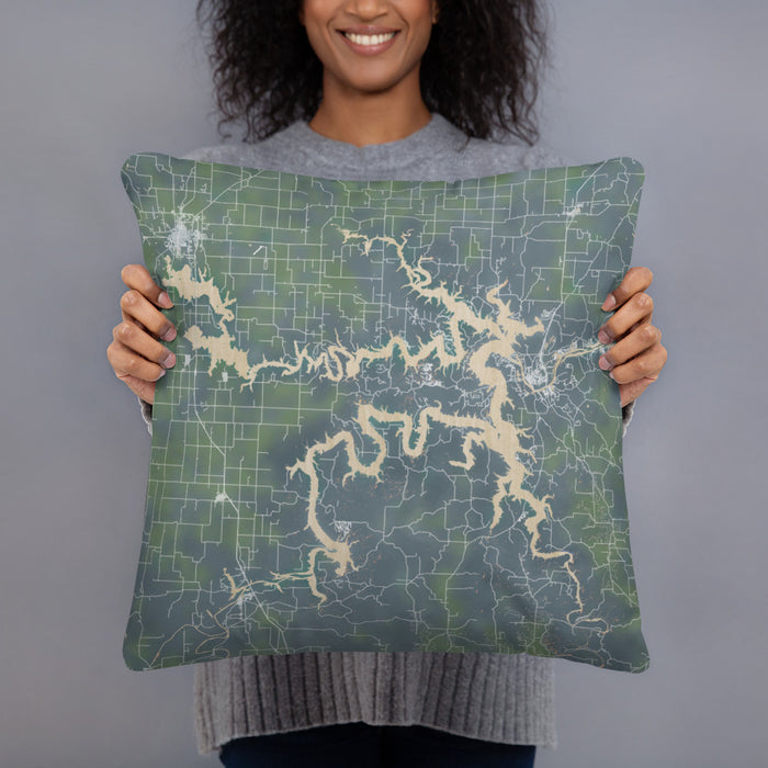 Person holding 18x18 Custom Truman Lake Missouri Map Throw Pillow in Afternoon