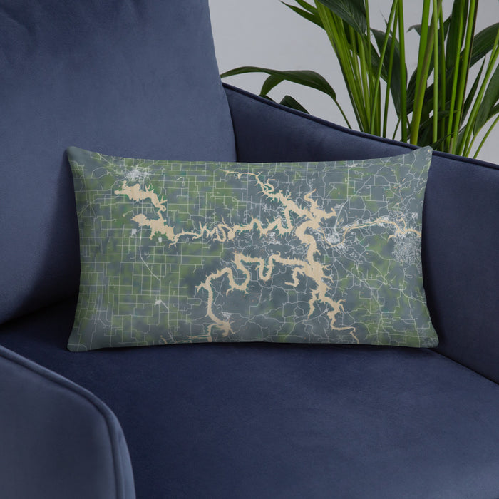 Custom Truman Lake Missouri Map Throw Pillow in Afternoon on Blue Colored Chair