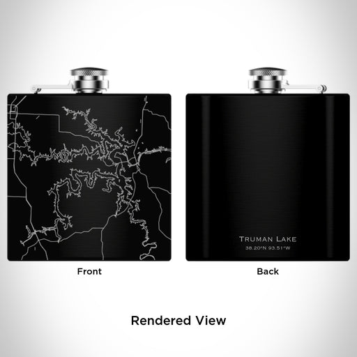 Rendered View of Truman Lake Missouri Map Engraving on 6oz Stainless Steel Flask in Black