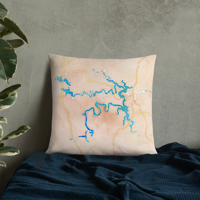 Custom Truman Lake Missouri Map Throw Pillow in Watercolor on Bedding Against Wall