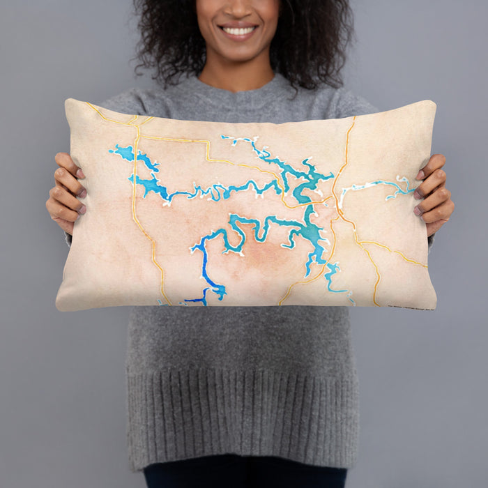 Person holding 20x12 Custom Truman Lake Missouri Map Throw Pillow in Watercolor