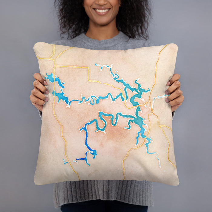 Person holding 18x18 Custom Truman Lake Missouri Map Throw Pillow in Watercolor