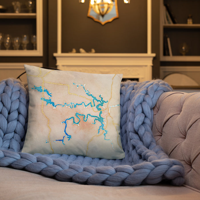 Custom Truman Lake Missouri Map Throw Pillow in Watercolor on Cream Colored Couch