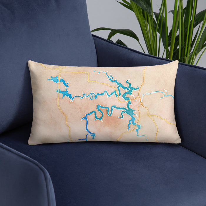 Custom Truman Lake Missouri Map Throw Pillow in Watercolor on Blue Colored Chair