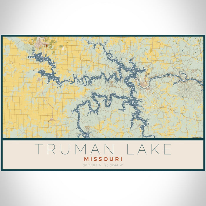 Truman Lake Missouri Map Print Landscape Orientation in Woodblock Style With Shaded Background