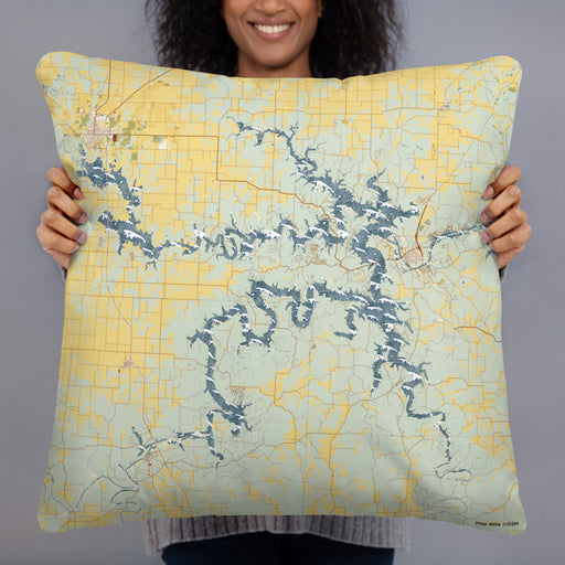Person holding 22x22 Custom Truman Lake Missouri Map Throw Pillow in Woodblock