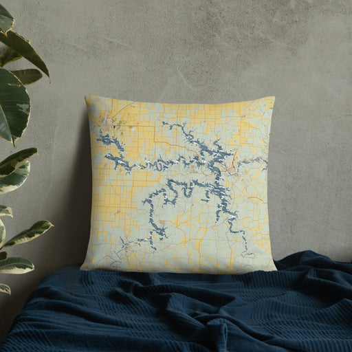 Custom Truman Lake Missouri Map Throw Pillow in Woodblock on Bedding Against Wall