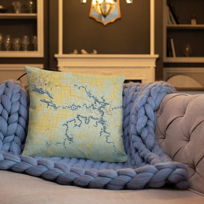 Custom Truman Lake Missouri Map Throw Pillow in Woodblock on Cream Colored Couch