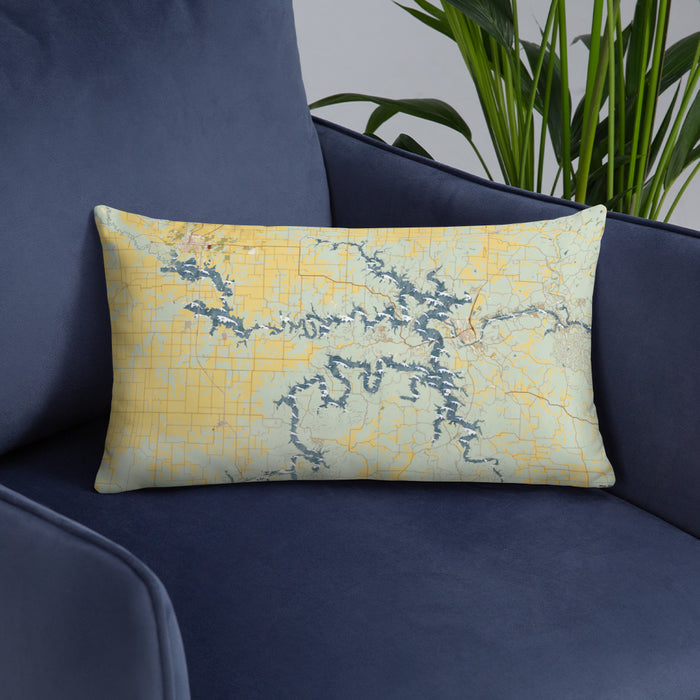 Custom Truman Lake Missouri Map Throw Pillow in Woodblock on Blue Colored Chair