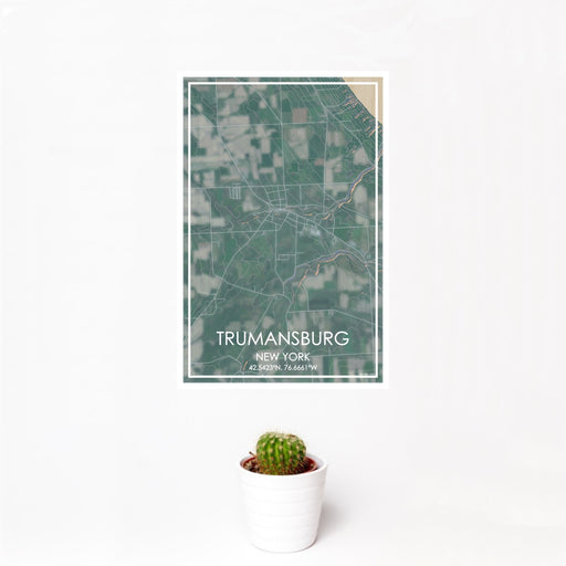 12x18 Trumansburg New York Map Print Portrait Orientation in Afternoon Style With Small Cactus Plant in White Planter