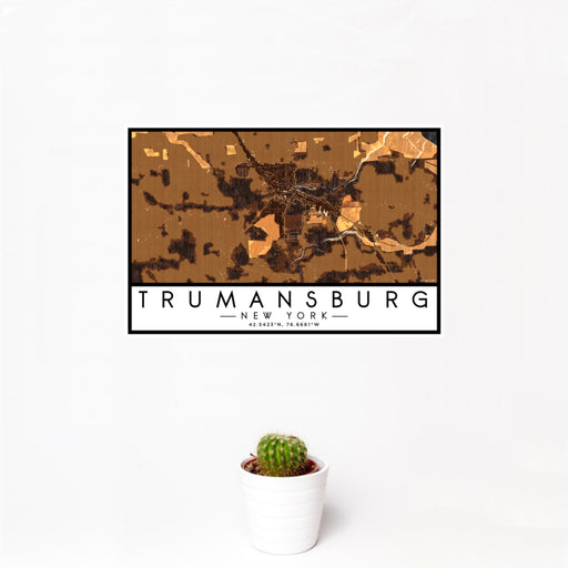 12x18 Trumansburg New York Map Print Landscape Orientation in Ember Style With Small Cactus Plant in White Planter