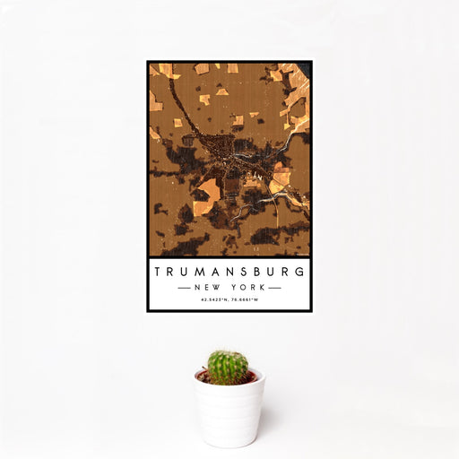 12x18 Trumansburg New York Map Print Portrait Orientation in Ember Style With Small Cactus Plant in White Planter