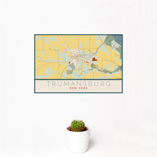 12x18 Trumansburg New York Map Print Landscape Orientation in Woodblock Style With Small Cactus Plant in White Planter