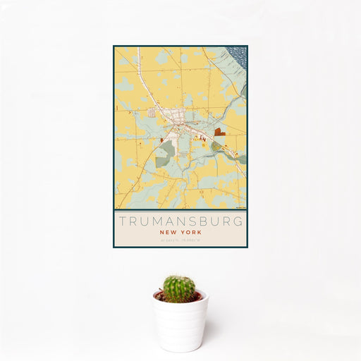 12x18 Trumansburg New York Map Print Portrait Orientation in Woodblock Style With Small Cactus Plant in White Planter