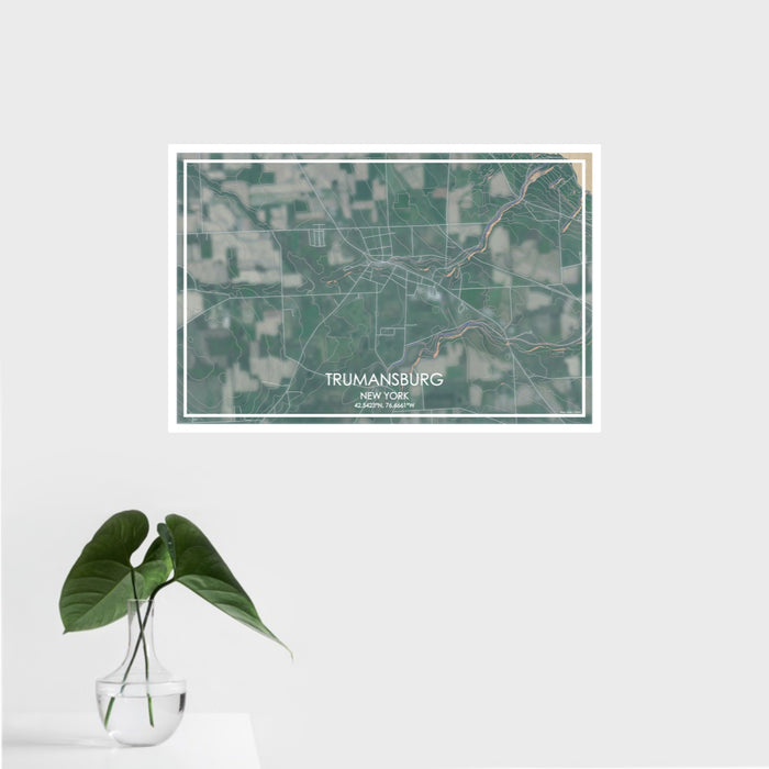 16x24 Trumansburg New York Map Print Landscape Orientation in Afternoon Style With Tropical Plant Leaves in Water