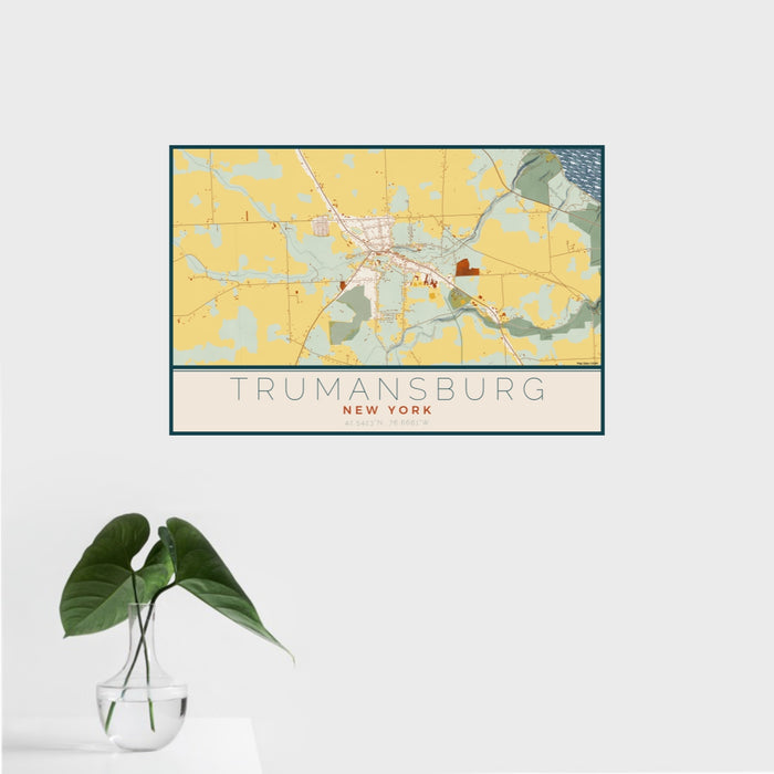 16x24 Trumansburg New York Map Print Landscape Orientation in Woodblock Style With Tropical Plant Leaves in Water
