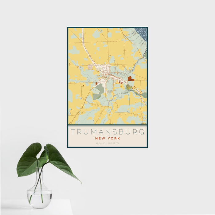 16x24 Trumansburg New York Map Print Portrait Orientation in Woodblock Style With Tropical Plant Leaves in Water