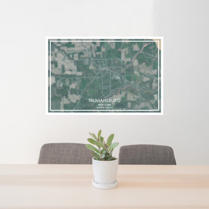 24x36 Trumansburg New York Map Print Lanscape Orientation in Afternoon Style Behind 2 Chairs Table and Potted Plant